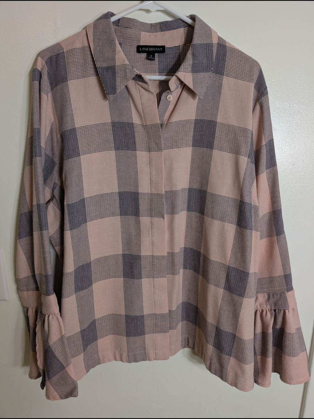 Lane Bryant Blush Pink and Gray Plaid Button-Front Shirt